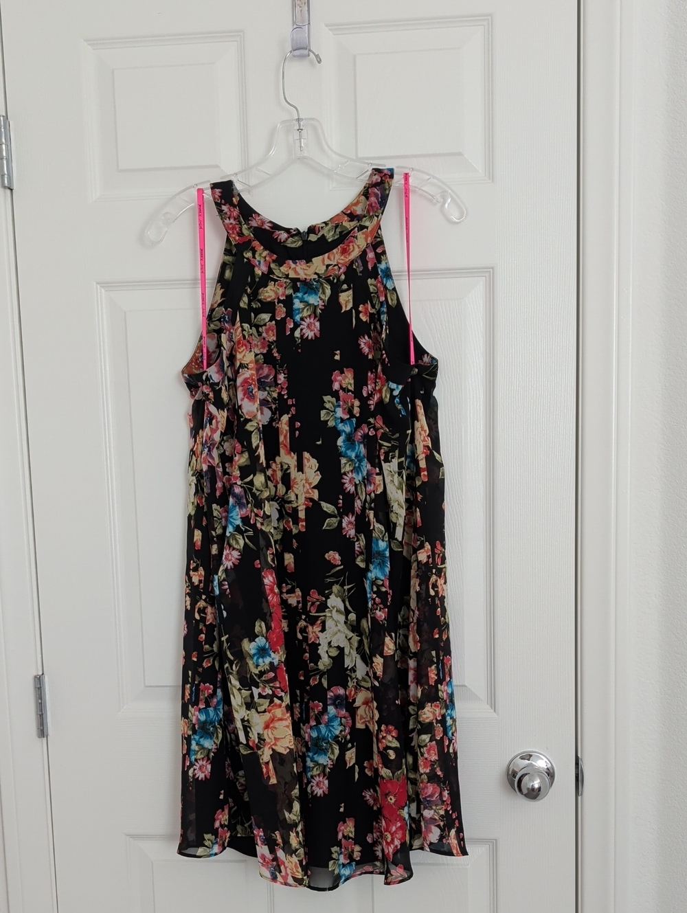 Betsey Johnson Black Floral Midi Dress with Pink Accents